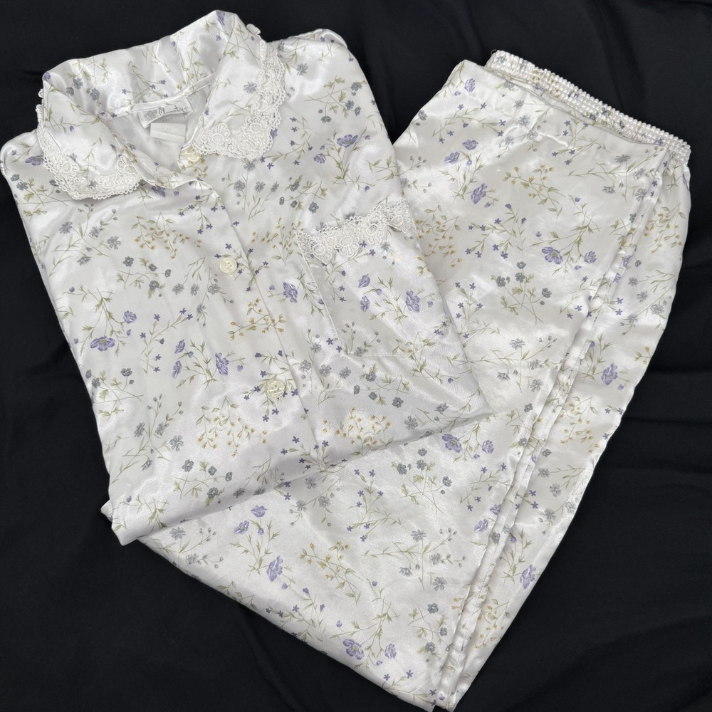 Vintage 90s Satin Floral Pajama Set XL Cottagecore Romantic Grandma Silky Lounge